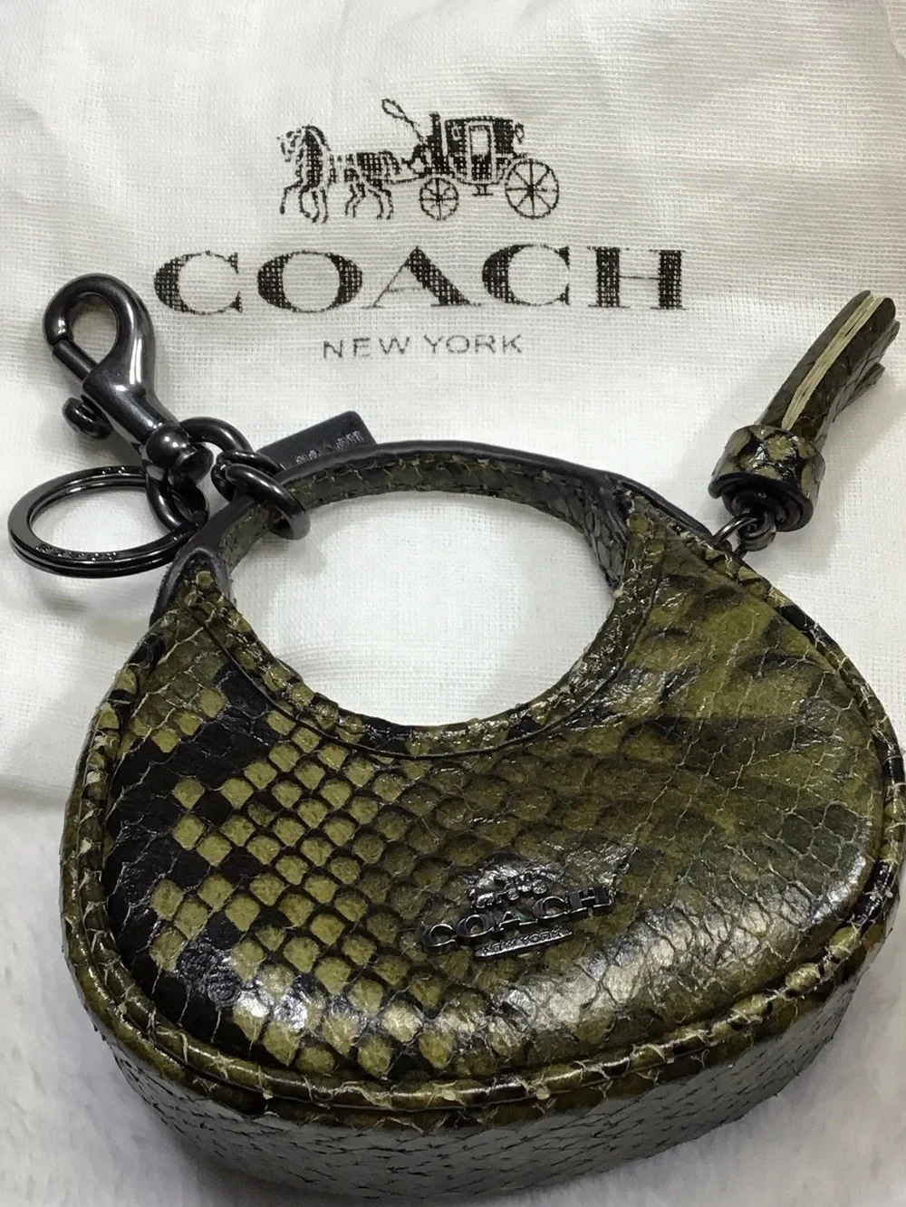 COACH Olive Green and Black Snake-Embossed Leather Key & Card Holder